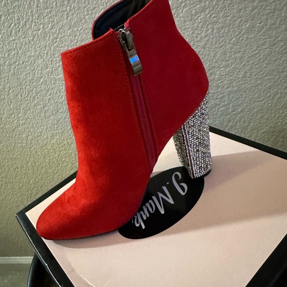 Red Suede Ankle Boots with Rhinestone Heels - Picture 2 of 5
